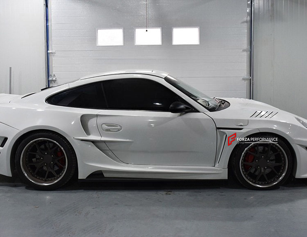 WIDE BODY KIT for PORSCHE 911 997.1 2004 - 2010 FORZA PERFORMANCE custom fit GT3 RS Style
Set includes:

Front Lip
Hood Bonnet
Front Fenders
Rear Spoiler Wing
Rear Diffuser
Material: Plastic

NOTE: Professional installation is required.