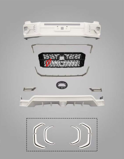 WIDE BODY KIT FOR TOYOTA LAND CRUISER 300 LC 300 2022+

Set includes:

Front bumper
Grille
Side Fenders
Rear Bumper
Rear Diffuser with LED
Exhaust tips
Roof Spoiler

Material: Plastic

NOTE: Professional installation is required