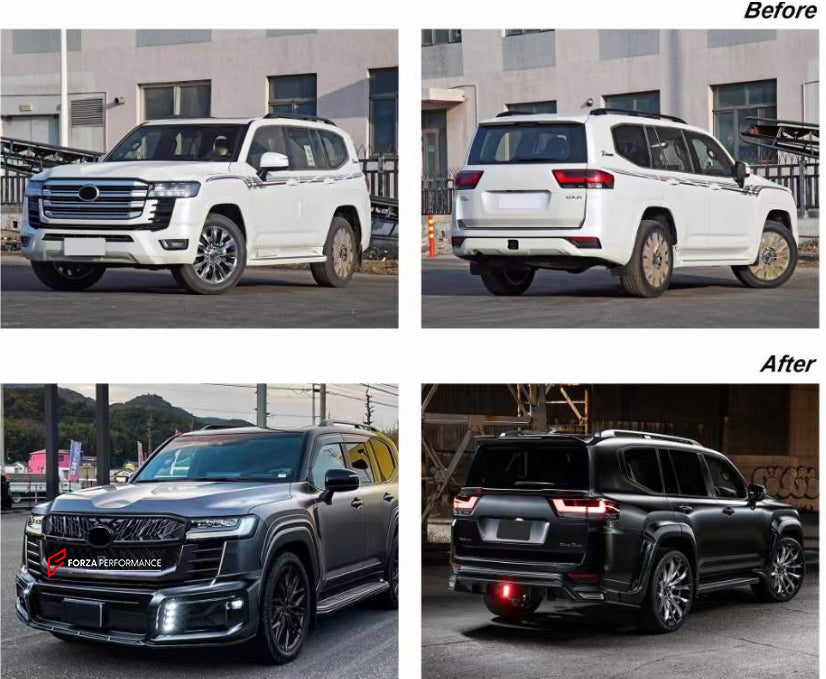 WIDE BODY KIT FOR TOYOTA LAND CRUISER 300 LC 300 2022+

Set includes:

Front bumper
Grille
Side Fenders
Rear Bumper
Rear Diffuser with LED
Exhaust tips
Roof Spoiler

Material: Plastic

NOTE: Professional installation is required