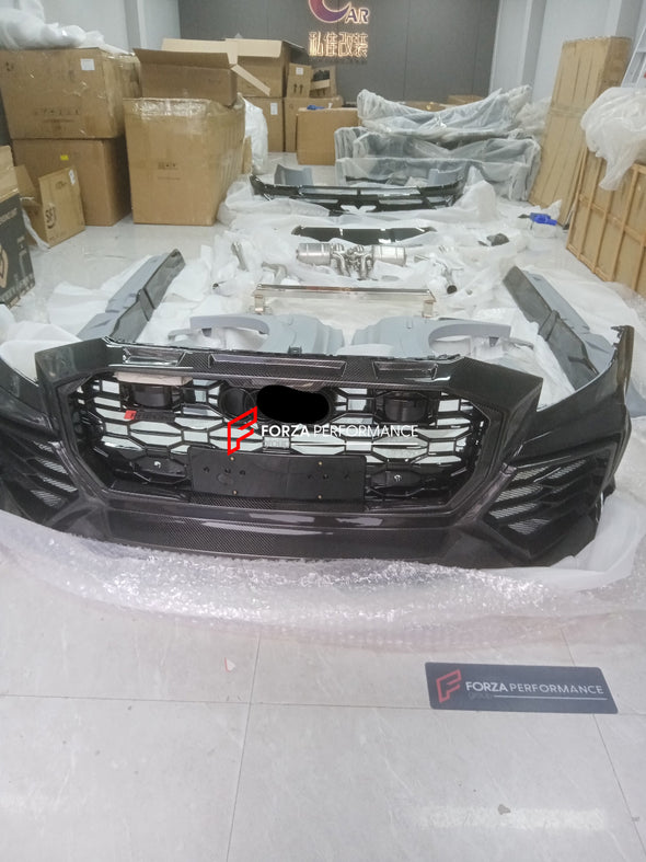 WIDE DRY CARBON BODY KIT FOR AUDI Q8 | RSQ8 4M 2019+ Set includes:  Front Bumper Assembly Front Bumper Canards Hood/Bonnet Front Fenders Fender Flares Side Skirts Rear Roof Spoiler Trunk Wing Spoiler Exhaust system Rear Bumper Rear Diffuser