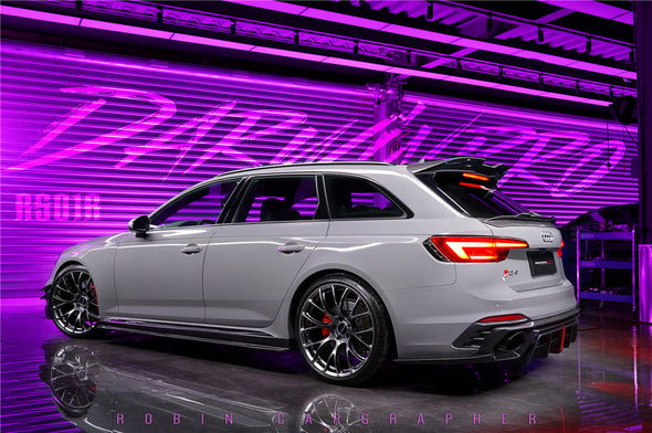 BKSS Style Carbon Fiber Body Kit For Audi RS4 B9 2017-2019  Set include:   Front Bumper Canards Front Lip Side Skirts Rear Diffuser With LED Light Front Bumper Trim Lip Rear Decklid Spoiler Roof Spoiler (2 types) Material: Carbon Fiber / Forged Carbon  NOTE: Professional installation is required 