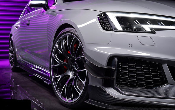 BKSS Style Carbon Fiber Body Kit For Audi RS4 B9 2017-2019  Set include:   Front Bumper Canards Front Lip Side Skirts Rear Diffuser With LED Light Front Bumper Trim Lip Rear Decklid Spoiler Roof Spoiler (2 types) Material: Carbon Fiber / Forged Carbon  NOTE: Professional installation is required 