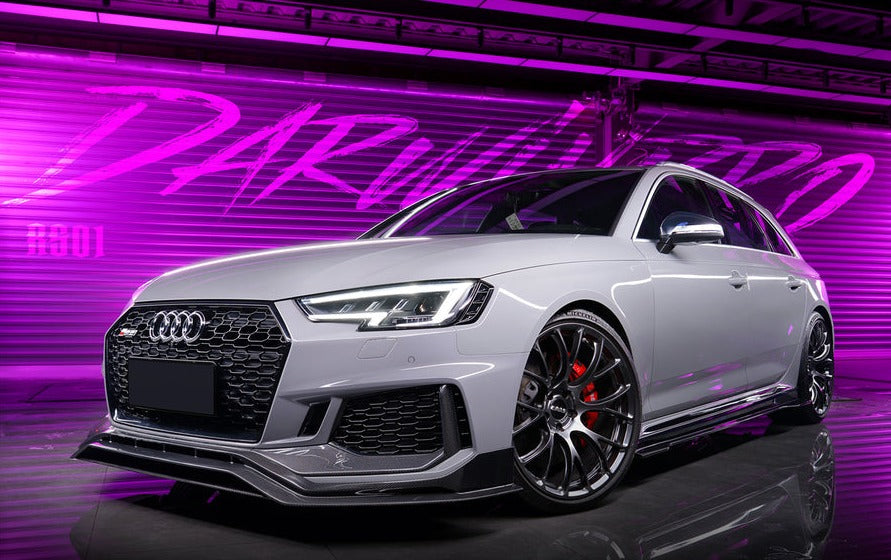 BKSS Style Carbon Fiber Body Kit For Audi RS4 B9 2017-2019  Set include:   Front Bumper Canards Front Lip Side Skirts Rear Diffuser With LED Light Front Bumper Trim Lip Rear Decklid Spoiler Roof Spoiler (2 types) Material: Carbon Fiber / Forged Carbon  NOTE: Professional installation is required 