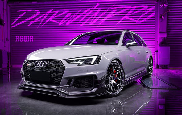 BKSS Style Carbon Fiber Body Kit For Audi RS4 B9 2017-2019  Set include:   Front Bumper Canards Front Lip Side Skirts Rear Diffuser With LED Light Front Bumper Trim Lip Rear Decklid Spoiler Roof Spoiler (2 types) Material: Carbon Fiber / Forged Carbon  NOTE: Professional installation is required 