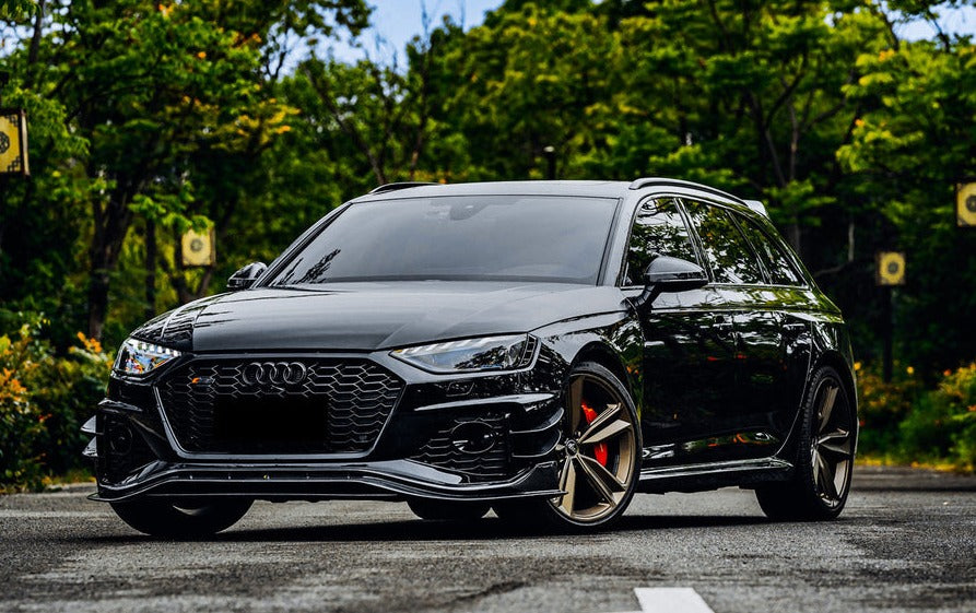 BKSS Style Carbon Fiber Front Lip For Audi RS4 B9 2019+  Set include:   Front Lip Material: Carbon Fiber / Forged Carbon / Dry Carbon  NOTE: Professional installation is required 