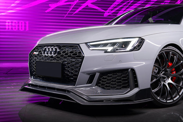 BKSS Style Carbon Fiber Body Kit For Audi RS4 B9 2017-2019  Set include:   Front Bumper Canards Front Lip Side Skirts Rear Diffuser With LED Light Front Bumper Trim Lip Rear Decklid Spoiler Roof Spoiler (2 types) Material: Carbon Fiber / Forged Carbon  NOTE: Professional installation is required 