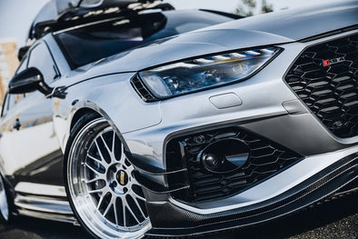 BKSS Style Carbon Fiber Front Bumper Canards For Audi RS4 B9 2019+  Set include:   Canards Material: Carbon Fiber / Forged Carbon / Dry Carbon  NOTE: Professional installation is required 