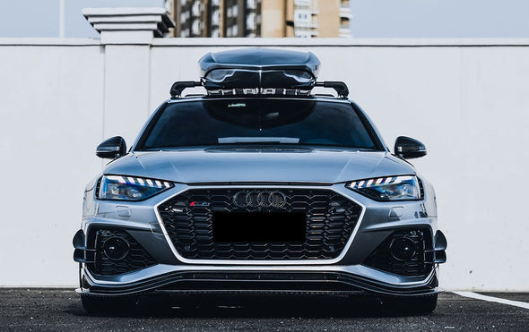 BKSS Style Carbon Fiber Front Bumper Canards For Audi RS4 B9 2019+  Set include:   Canards Material: Carbon Fiber / Forged Carbon / Dry Carbon  NOTE: Professional installation is required 