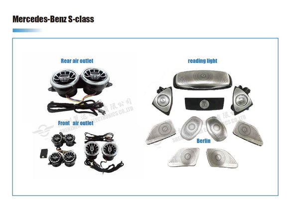  Set include: 5 pcs of air vents Switch control Air vents with ambient light 64 colors for the dashboard of: Mercedes Benz C-class W205 2015-2018 GLC-CLASS X253 2015-2019 Set include: 8 pcs of air vents Switch control
