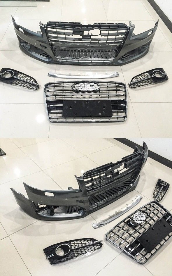 S style Bodykit for AUDI A8 D4 2015 - 2017 facelift model.   Set include: Front bumper (Without Distronic radars ACC, Have PDC holes, License plate holder EU type) Front grille  Rear diffuser Exhaust mufflers with tips COLOR: UNPAINTED  Material: ABS/PP Plastic