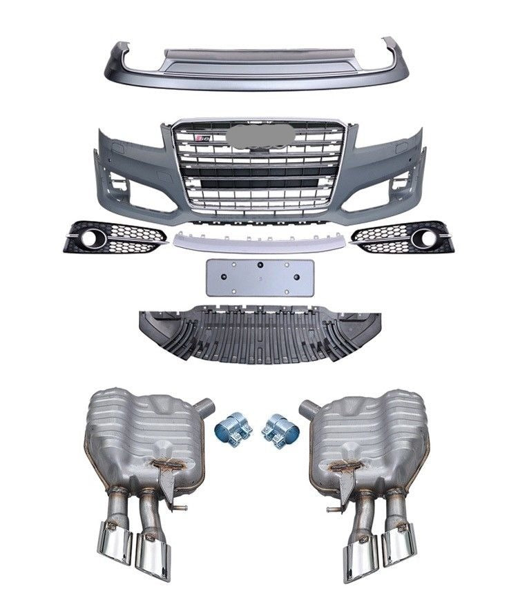 S style Bodykit for AUDI A8 D4 2015 - 2017 facelift model.   Set include: Front bumper (Without Distronic radars ACC, Have PDC holes, License plate holder EU type) Front grille  Rear diffuser Exhaust mufflers with tips COLOR: UNPAINTED  Material: ABS/PP Plastic
