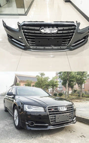 S style Bodykit for AUDI A8 D4 2015 - 2017 facelift model.   Set include: Front bumper (Without Distronic radars ACC, Have PDC holes, License plate holder EU type) Front grille  Rear diffuser Exhaust mufflers with tips COLOR: UNPAINTED  Material: ABS/PP Plastic