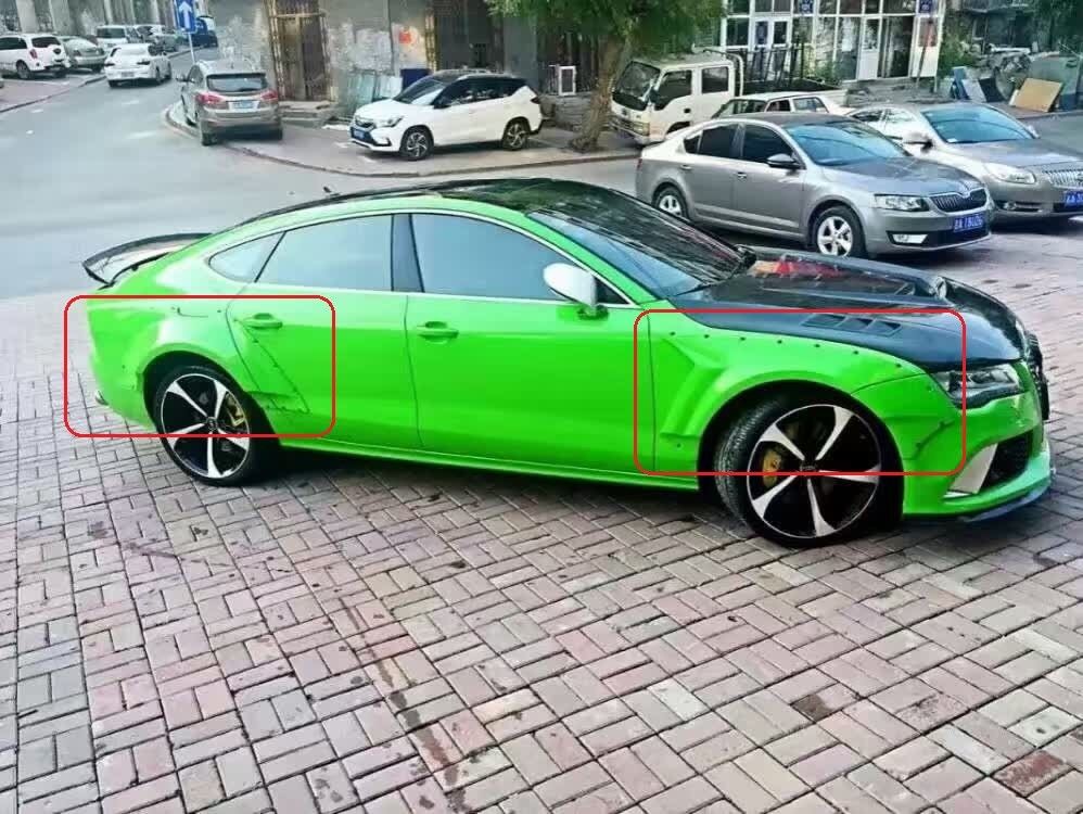 Wide fender flares kit for Audi RS7 4G 2013-2017  Set include:  Fiberglass front fender flares  Fiberglass rear fender flares  Material: Fiberglass FRP  NOTE: Very Professional installation / Drilling / Cutting is required. Rivets or bolts are not included