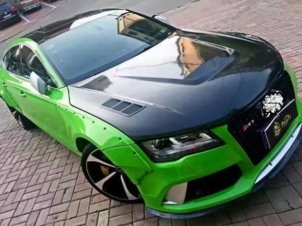 Wide fender flares kit for Audi RS7 4G 2013-2017  Set include:  Fiberglass front fender flares  Fiberglass rear fender flares  Material: Fiberglass FRP  NOTE: Very Professional installation / Drilling / Cutting is required. Rivets or bolts are not included