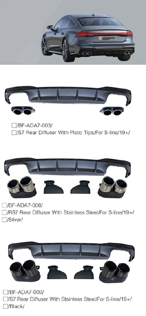 Body Kit for AUDI A7 C8  Set include:    S7 Rear Diffuser with Plastic Tips, for S-line RS7 Rear Diffuser with Stainless Steel Tips (Silver), for S-line S7 Rear Diffuser with Stainless Steel Tips (Black), for S-line Material: Plastic, Stainless Steel