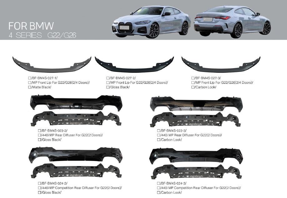 BMW-4-PARTS-FRONT-LIP-REAR-DIFFUSER-SIDE-BUMPER-SKIRT-G22-G26-2020-2021-G28-m-tech-LCI-GT-m-performance