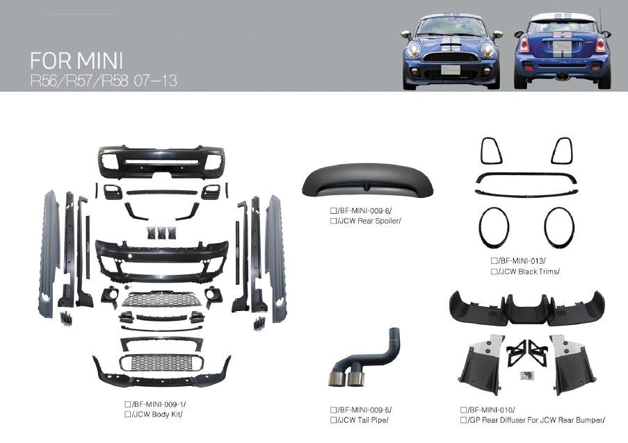 BMW-MINI-PARTS-FRONT-LIP-REAR-DIFFUSER-AERO-KIT-SIDE-BUMPER-SKIRT-BODY-KIT-R56-R57-R58-GT-2007-2013-m-performance