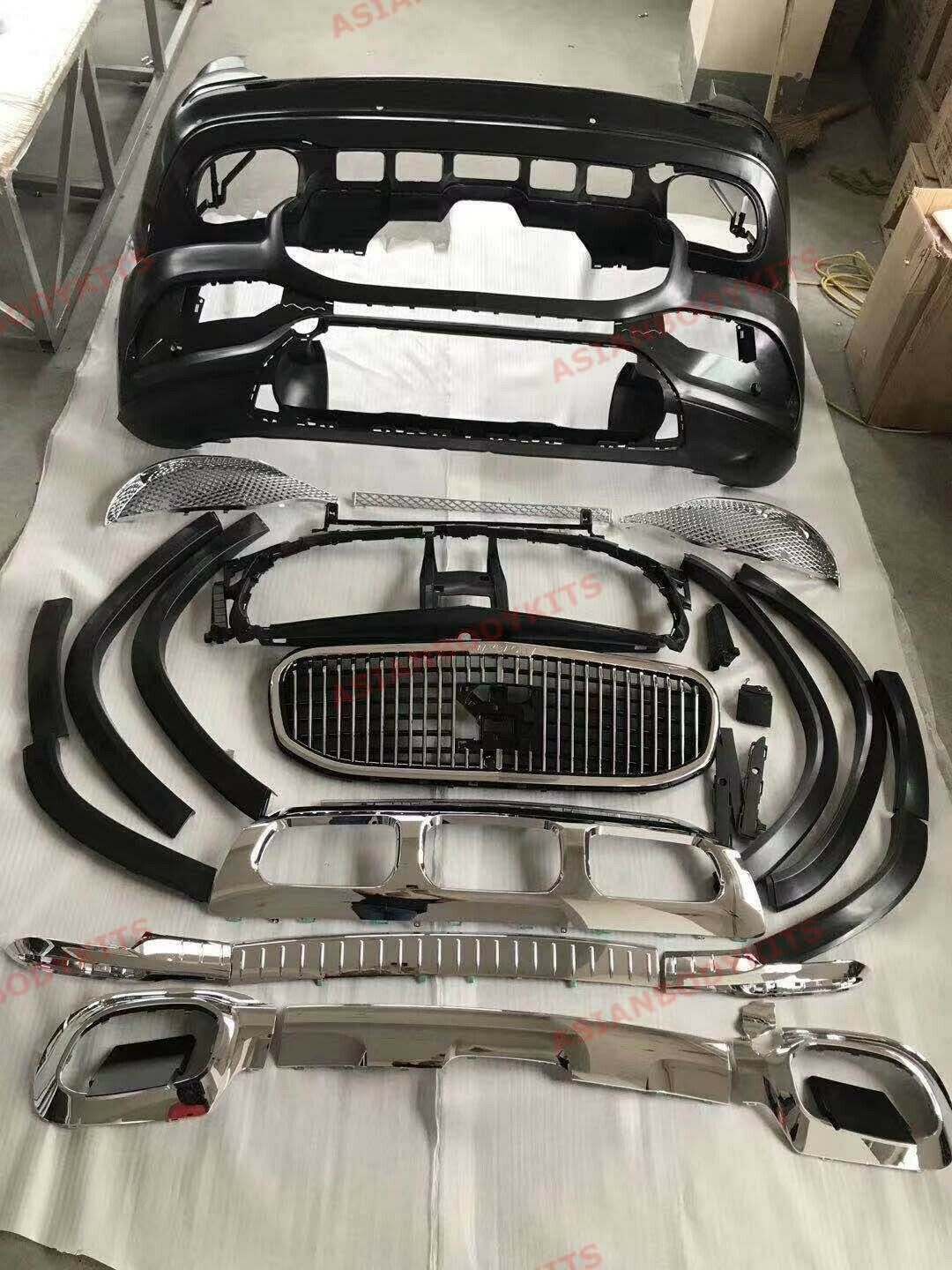 Body kit for Mercedes Benz GLS X167 GLS Maybach 2020+ Set include:  Front bumper assembly Front grille Front fender flares Rear fender flares Rear bumper assembly Material: ABS plastic  NOTE: Professional installation is required  SHIPPING NOTE: WE SHIP WORLDWIDE to LOCAL INTERNATIONAL AIRPORT only!!! NOT DOOR TO DOOR