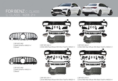 C43 C63 AMG Style Rear Diffuser, Front Grille for Mercedes Benz C-class W206 2021+
