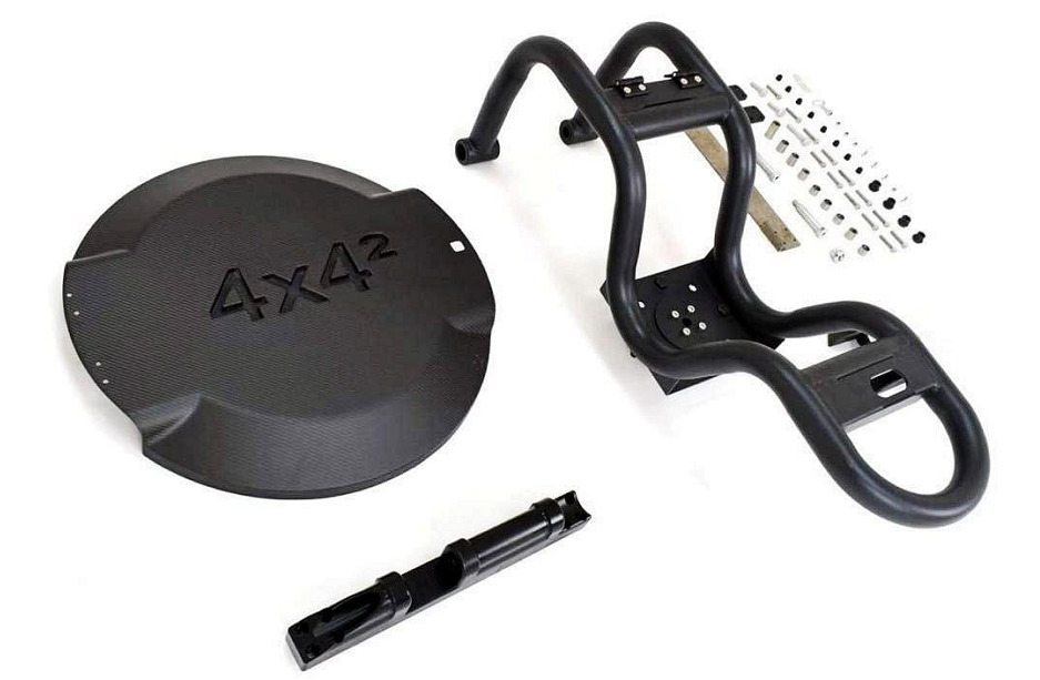 Carbon SPARE TIRE WHEEL HOLDER Carrier For Mercedes-Benz W464 W463A G Class 4x4 G550 G500 G400d G63 AMG   Set include:  Gloss Carbon fiber cover cap Bracket holder Bracket for the rear door*  PRODUCTION TIME: 7 days  Material: 100% Real Gloss Carbon Fiber and steel. If you want MATTE carbon, contact us  NOTE: VERY PROFESSIONAL INSTALLATION IS REQUIRED.   *Drilling rear door is required. Drilling of door hinges required.