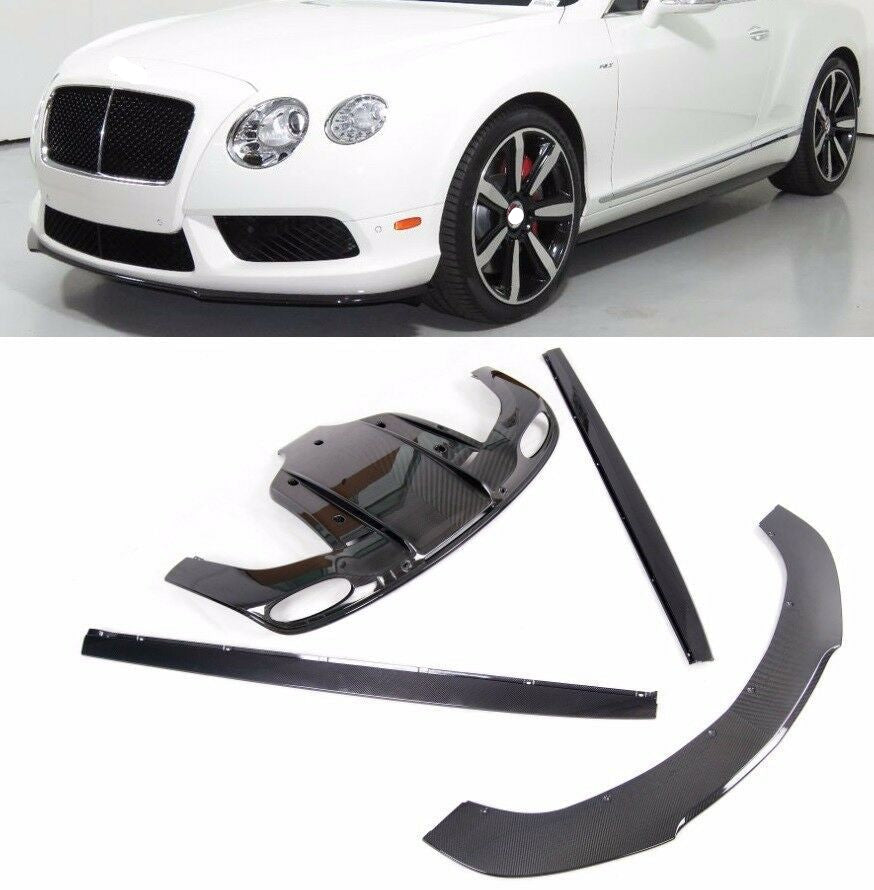 CARBON FIBER BODY KIT FOR BENTLEY CONTINENTAL GT V8 W12 2011-2015

Set includes:
Carbon Front lip
Carbon Side skirts addon
Carbon Rear diffuser.&nbsp;

Material:&nbsp;&nbsp;Carbon Fiber.&nbsp;

Note: Professional installation is required. Cutting of rear bumper light bracket is required. Sometimes need cut new diffuser locally to clear the rear suspension. Carbon rear diffuser available in two types: for V8 and W12 engines. Please specify your engine type when placing an order.