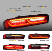 LED TAIL LIGHTS for CHEVROLET CAMARO 2016 - 2018  Set includes:  Tail Lights Features:  Lens color: red clear smoked Parking light: LED (red) Brake light: LED (red) Reverse light: LED (diamond-white) Turn signals: sequential indicator (Amber) Full LED tail lights, no need bulbs