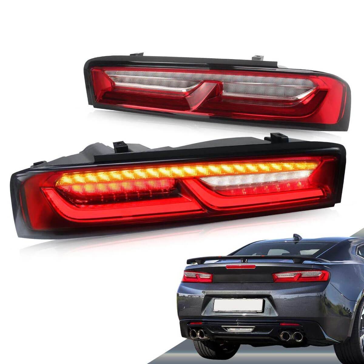LED TAIL LIGHTS for CHEVROLET CAMARO 2016 - 2018  Set includes:  Tail Lights Features:  Lens color: red clear smoked Parking light: LED (red) Brake light: LED (red) Reverse light: LED (diamond-white) Turn signals: sequential indicator (Amber) Full LED tail lights, no need bulbs