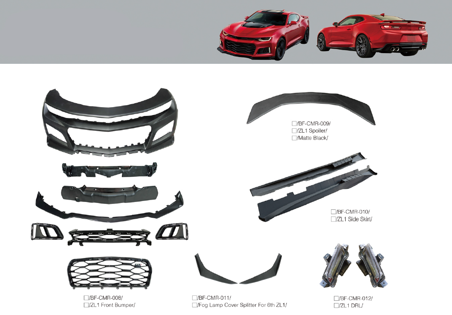 BODY KIT for CHEVROLET CAMARO 2016 - 2018  Set includes:  Front Bumper Fog Lamp Cover Splitter Side Skirts Rear Spoiler DRL Lights