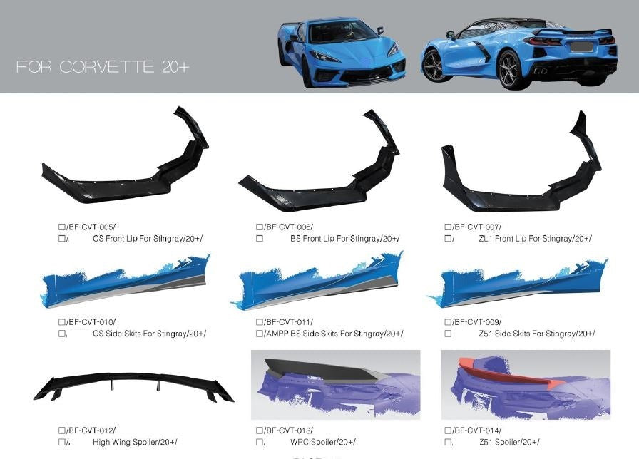 BODY KIT for CHEVROLET CORVETTE C7 STINGRAY 2014 - 2019   Set includes:  Front lip Side Skirts Rear Spoiler