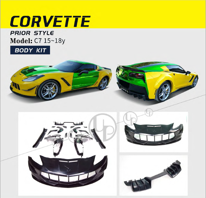 PRIOR STYLE BODY KIT for CHEVROLET CORVETTE C7 2014 - 2019  Set includes:  Front bumper Rear bumper Rear diffuser Fender flares Side skirts Front canards Front fenders
