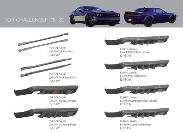 Parts for Dodge Challenger 2008-2022  Set include:   Rear Diffuser Front Lip Louvers Side Skirts