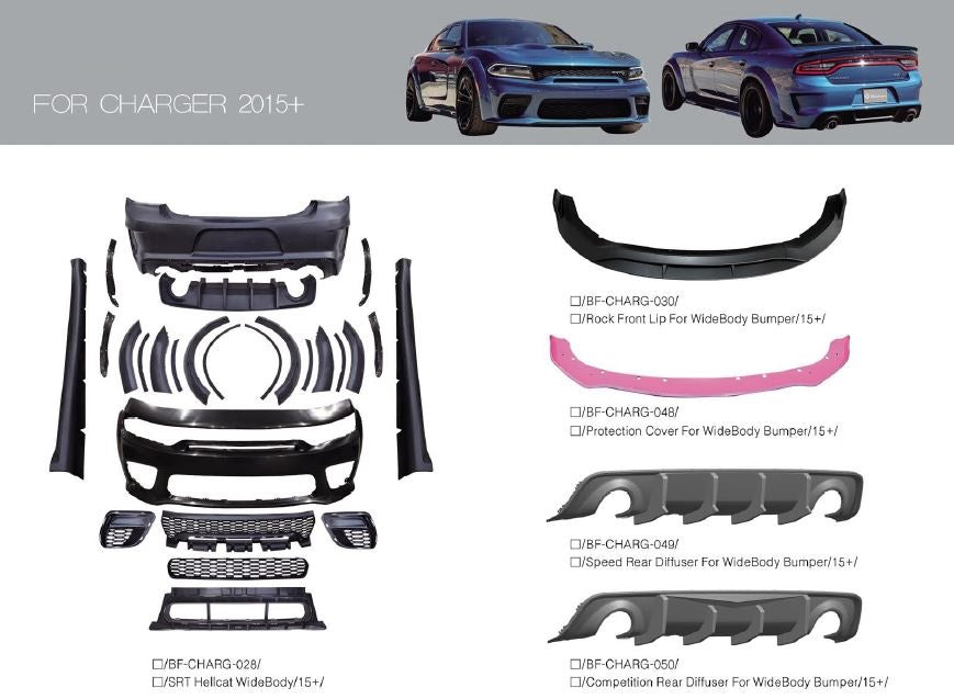 BODY KIT for DODGE CHARGER VII FACELIFT 2015 - 2024 SRT
Set includes:
Front Bumper
Rear Bumper
Side Skirts
Side Fenders
* Each part can be sent separately. If you need, please contact us.
Material: Plastic
Note: Professional installation is required.
Why “Contact Us for Pricing”?
We don’t display fixed prices because our goal is to offer you the most competitive deal possible. Product costs often decrease over time, and by requesting a quote, you’ll receive our most up-to-date price on market.
Payme