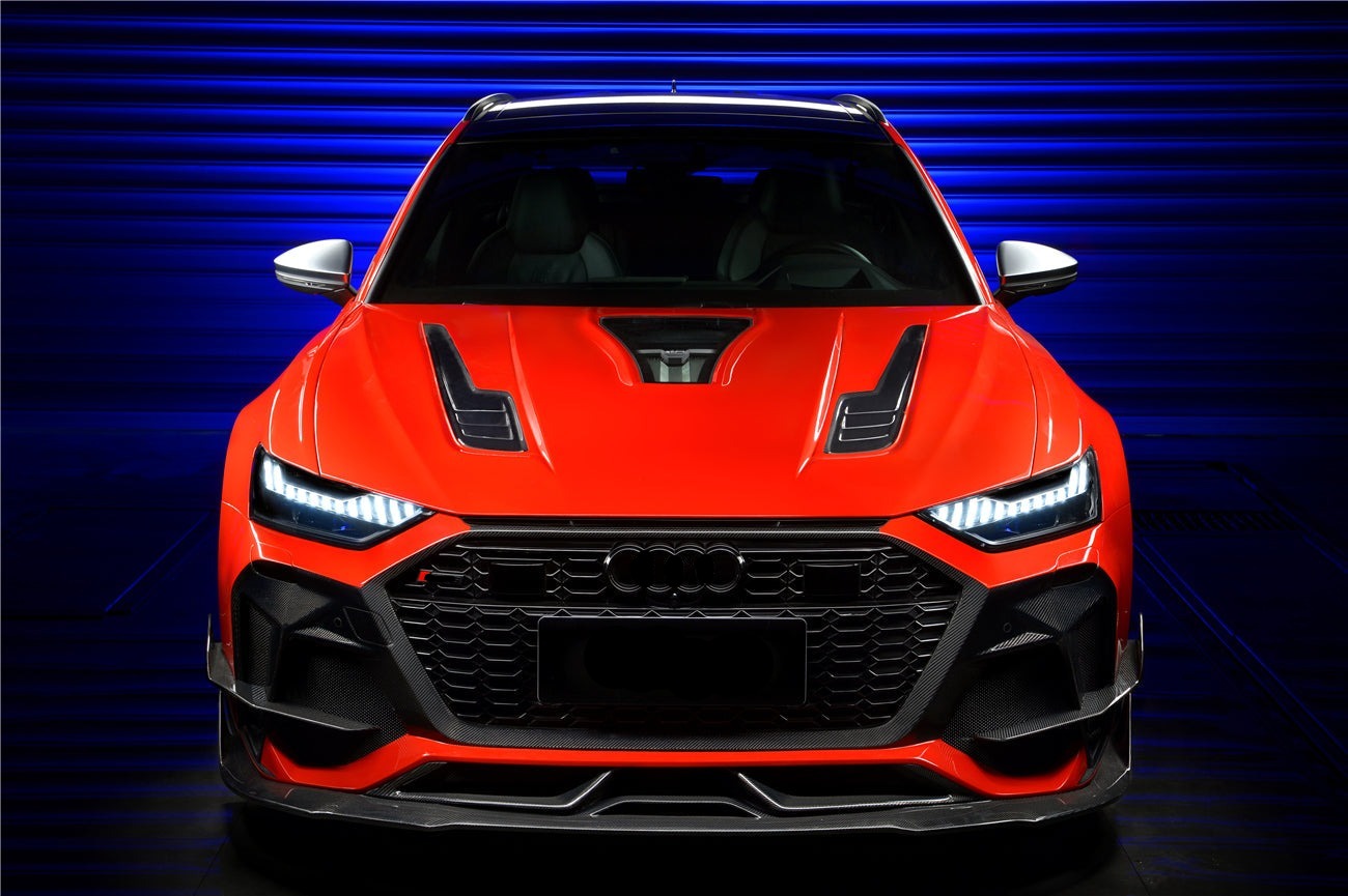 DARWIN PRO GENUINE CARBON BODY KIT FOR AUDI RS6 C8  Set include:   Front Bumper Rear Diffuser Hood Front Lip Side Skirts Front Fender Front Canards Roof Spoiler Middle Spoiler MATERIAL: Dry Carbon Fiber