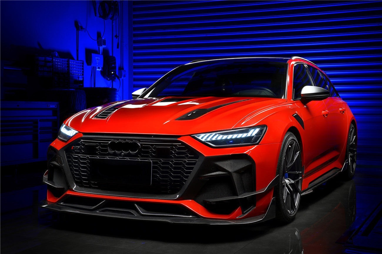 DARWIN PRO GENUINE CARBON BODY KIT FOR AUDI RS6 C8  Set include:   Front Bumper Rear Diffuser Hood Front Lip Side Skirts Front Fender Front Canards Roof Spoiler Middle Spoiler MATERIAL: Dry Carbon Fiber