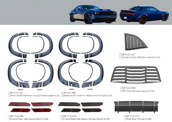 Body Kit for Dodge Challenger 2010-2020 Front bumper, Wide fender flares, Front, rear side marker