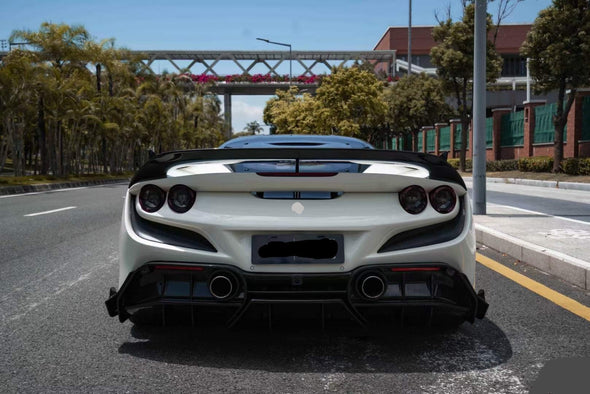 FPG Style Dry Carbon Fiver Body Kit For Ferrari F8  Set include:   Front lip Front trims Side skirts  Rear bumper Rear spoiler Material: Fiberglass with carbon fiber