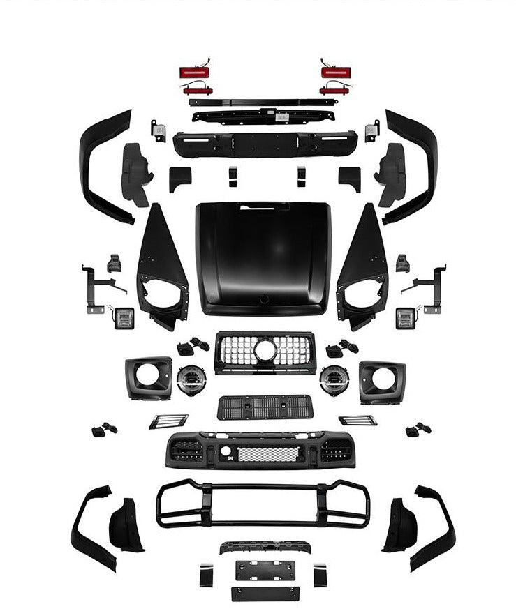 BODY KIT for MERCEDES-BENZ G-CLASS G63 W463 1990 - 2017    Set includes:  Rear bumper Front bumper Headlight covers Taillights LED Grille Bumper guard