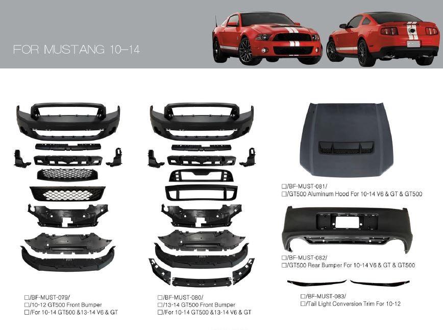 CONVERSION BODY KIT for FORD MUSTANG 2011 - 2014 to 2015 - 2022  Set includes:  Front Bumper Front Hood Front Fenders Rear Bumper Side Skirts Rear Spoiler