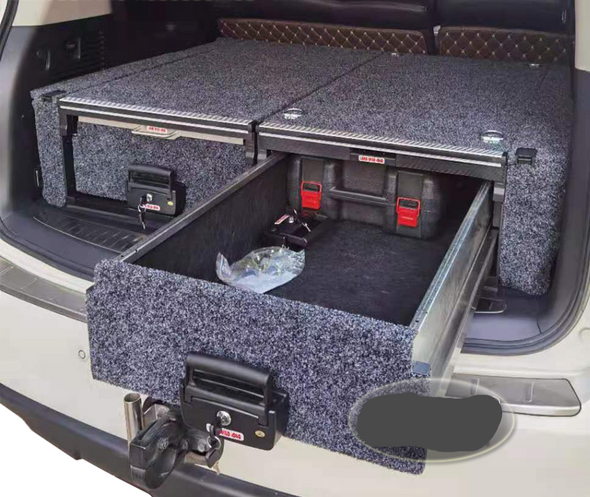 Slide Kitchen Drawer Systems For Nissan Patrol Y62 by Forza Performance  Simplify the storage and organization of equipment and valuables. These lockable drawers with integrated deck and faceplates were designed specifically for the Nissan Patrol Y62. Hide the contents from prying eyes, while creating a more convenient and easily accessible storage space in your car. Designed solidly for tough for both on and off-road travel.