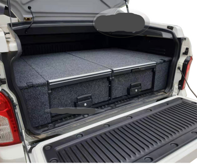 Slide Kitchen Drawer Systems For Nissan Navara D22/D23/D40 by Forza Performance  Simplify the storage and organization of equipment and valuables. These lockable drawers with integrated deck and faceplates were designed specifically for the Nissan Navara D22/D23/D40. Hide the contents from prying eyes, while creating a more convenient and easily accessible storage space in your car. Designed solidly for tough for both on and off-road travel.