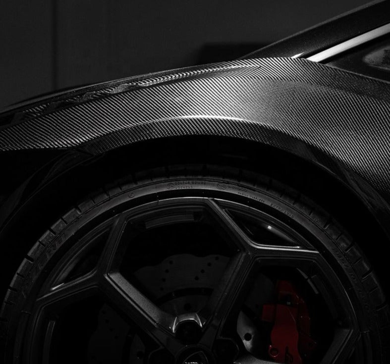 Forza Dry Carbon Front Fenders For Lamborghini Huracan 2014+  Set include: Front Fenders Material: Dry Carbon  NOTE: Professional installation is required during installation