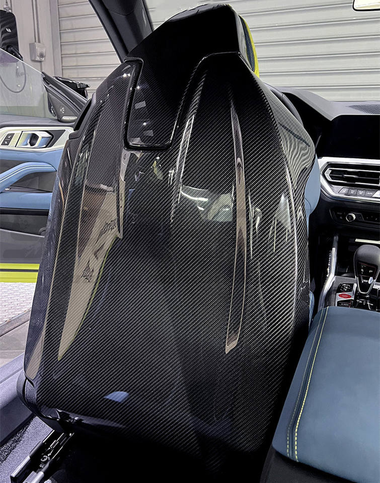 OEM DRY CARBON FIBER SEAT BACK COVER SHELL SKIN TRIM FOR M3 G80 M4 G82 2020+  Set include:    Seat Back Cover Shell Skin Trim Material: Carbon Fiber NOTE: Professional installation is required
