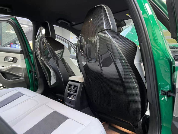 OEM DRY CARBON FIBER SEAT BACK COVER SHELL SKIN TRIM FOR M3 G80 M4 G82 2020+  Set include:    Seat Back Cover Shell Skin Trim Material: Carbon Fiber NOTE: Professional installation is required