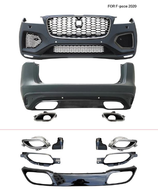BODY KIT for JAGUAR F-PACE 2020

Set includes:

Front Bumper
Front Grille
Rear Bumper
Exhaust Tips

Material: PP+ABS

NOTE: Professional installation is required.