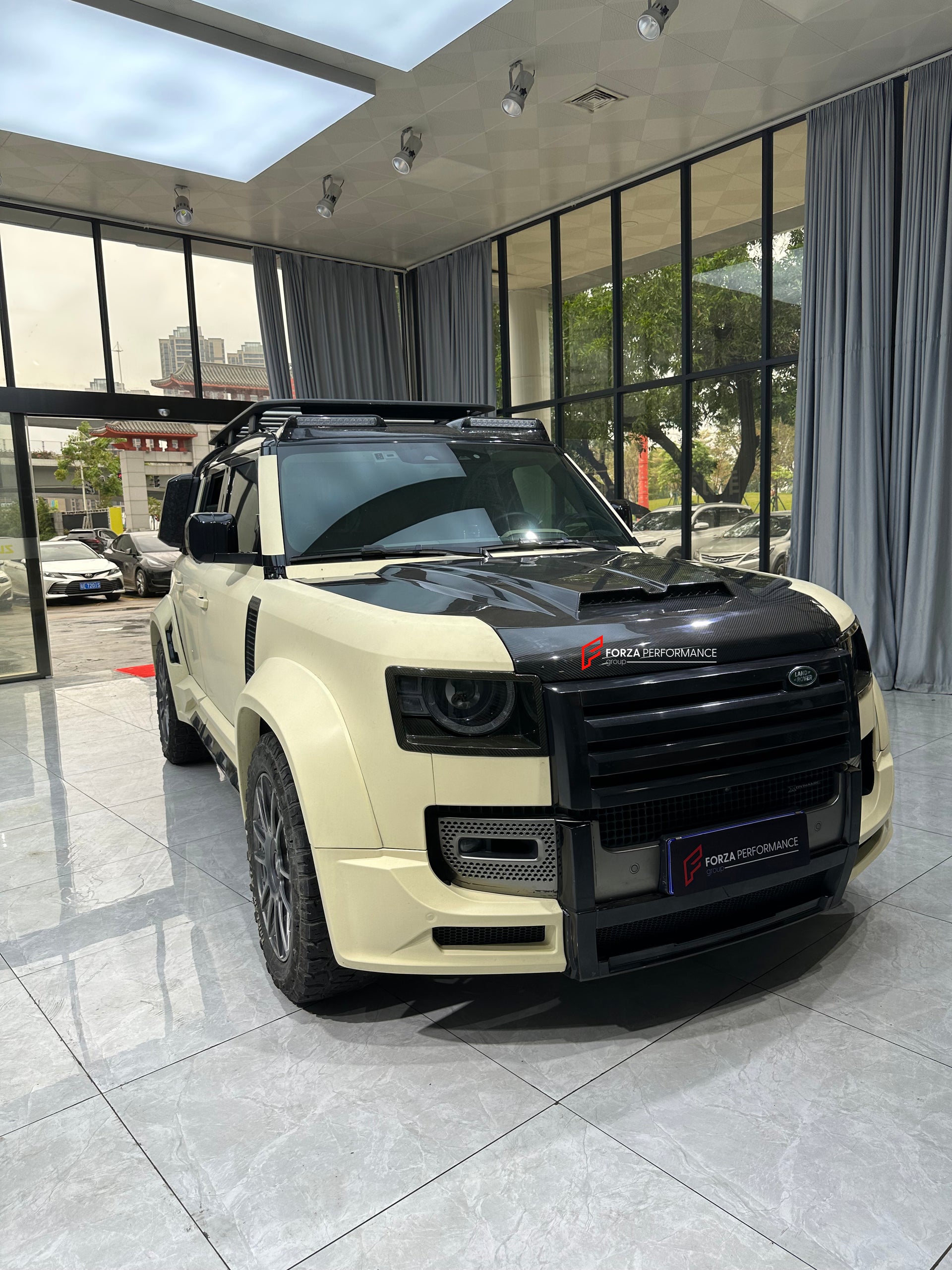 WIDE BODY KIT for LAND ROVER DEFENDER 2021+  Set includes:  Front Bumper Rear Bumper Side Fenders Side Skirts Front Grille Roof LED Bar Dry Carbon Hood with Glass Roof Spoiler Side Skirts