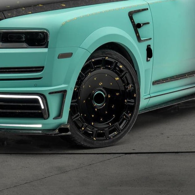 MANSORY LINEA D’ORO “One of One” based on Rolls Royce Cullinan design Wheels rims FD.15  with ROTATING CAP Monoblock, Wheels fitment Specs: 24 x 10 ET 20 PCD: 5 x 130 Also available in 17 , 18 , 19 , 20 , 21 , 22 , 23 , 24 inch 6061-T6 aluminum  Monoblock, 2-piece, 