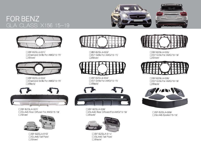 BODY KIT for Mercedes-Benz GLA Class X156 2015-2019 Diamond Grille, GLA45 Rear Diffuser