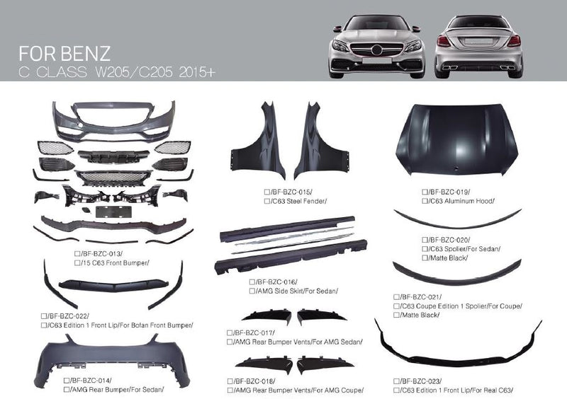 CONVERSION FACELIFT BODY KIT FOR MERCEDES BENZ C-CLASS C200 C300 W205 2015-2023 upgrade to C63 AMG