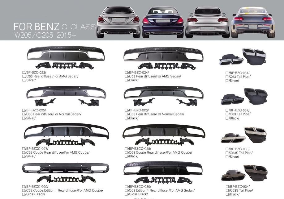 PARTS for MERCEDES BENZ C CLASS W205 2015 - 2021 C63 AMG Style

Set includes:

Front Grille
Rear Diffuser
Tail Pipe

NOTE: Professional installation is required

Why “Contact Us for Pricing”?

We don’t display fixed prices because our goal is to offer you the most competitive deal possible. Product costs often decrease over time, and by requesting a quote, you’ll receive our most up-to-date price on market.

Payment ►
Visa

Mastercard

PayPal with a credit card (add 4.4% at checkout)
Payoneer
Cryptocurrency
