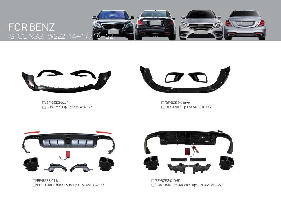 BODY KIT for MERCEDES BENZ S CLASS W222 2014 - 2020



Set includes:

Rear Diffuser
Front Lip
Exhaust Tips

NOTE: Professional installation is required

Why “Contact Us for Pricing”?

We don’t display fixed prices because our goal is to offer you the most competitive deal possible. Product costs often decrease over time, and by requesting a quote, you’ll receive our most up-to-date price on market.

Payment ►
Visa

Mastercard

PayPal with a credit card (add 4.4% at checkout)
Payoneer
Cryptocurrency
Shipment